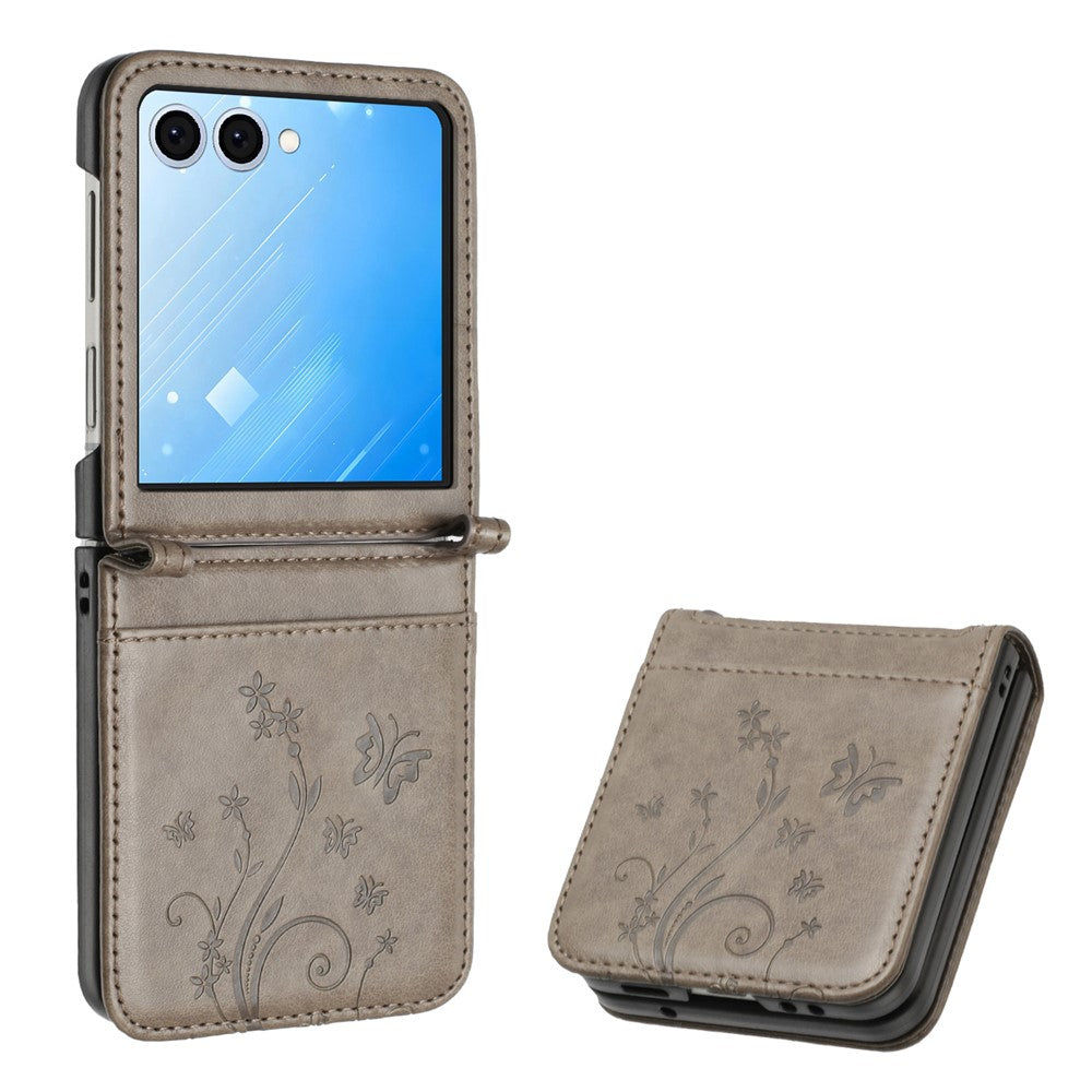 For Samsung Galaxy Z Flip7 5G Case Butterfly Flower Imprinted Leather Phone Cover - Grey