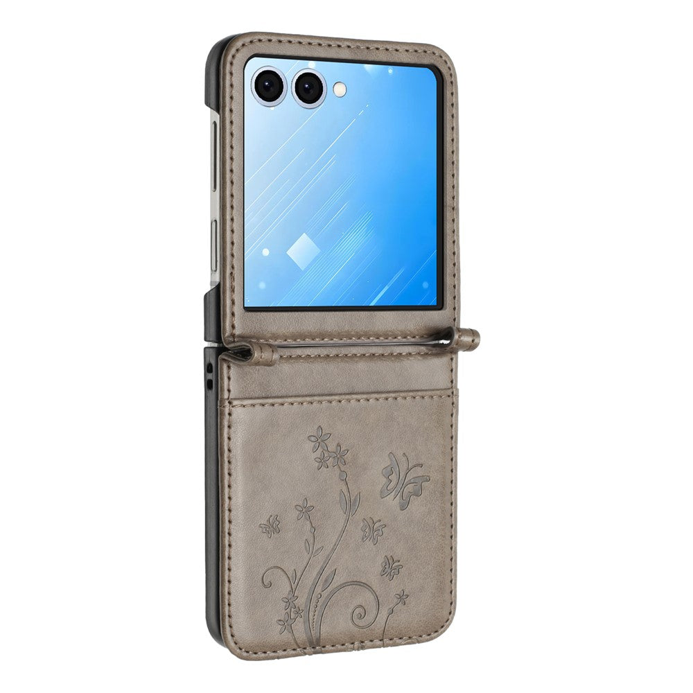 For Samsung Galaxy Z Flip7 5G Case Butterfly Flower Imprinted Leather Phone Cover - Grey