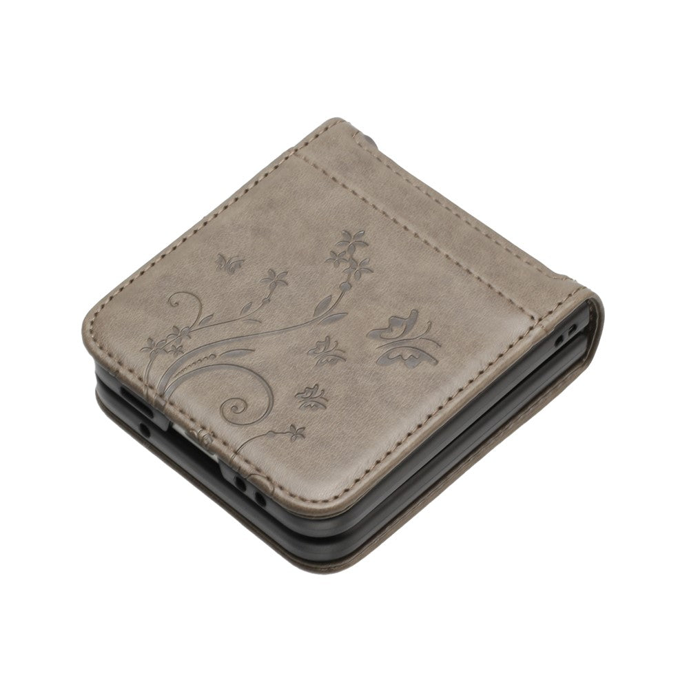 For Samsung Galaxy Z Flip7 5G Case Butterfly Flower Imprinted Leather Phone Cover - Grey
