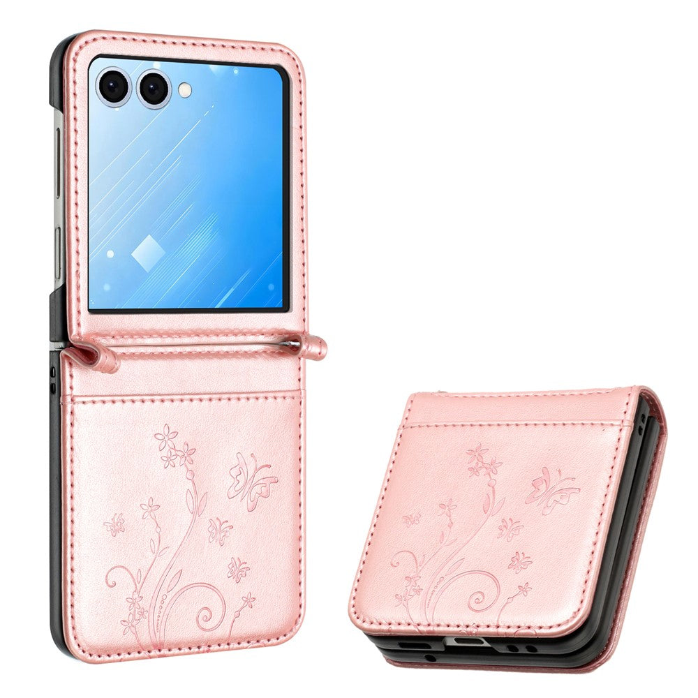 For Samsung Galaxy Z Flip7 5G Case Butterfly Flower Imprinted Leather Phone Cover - Rose Gold
