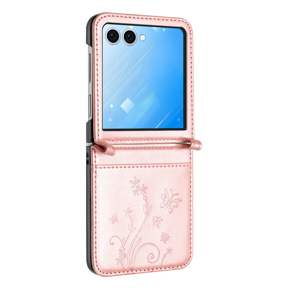 For Samsung Galaxy Z Flip7 5G Case Butterfly Flower Imprinted Leather Phone Cover - Rose Gold