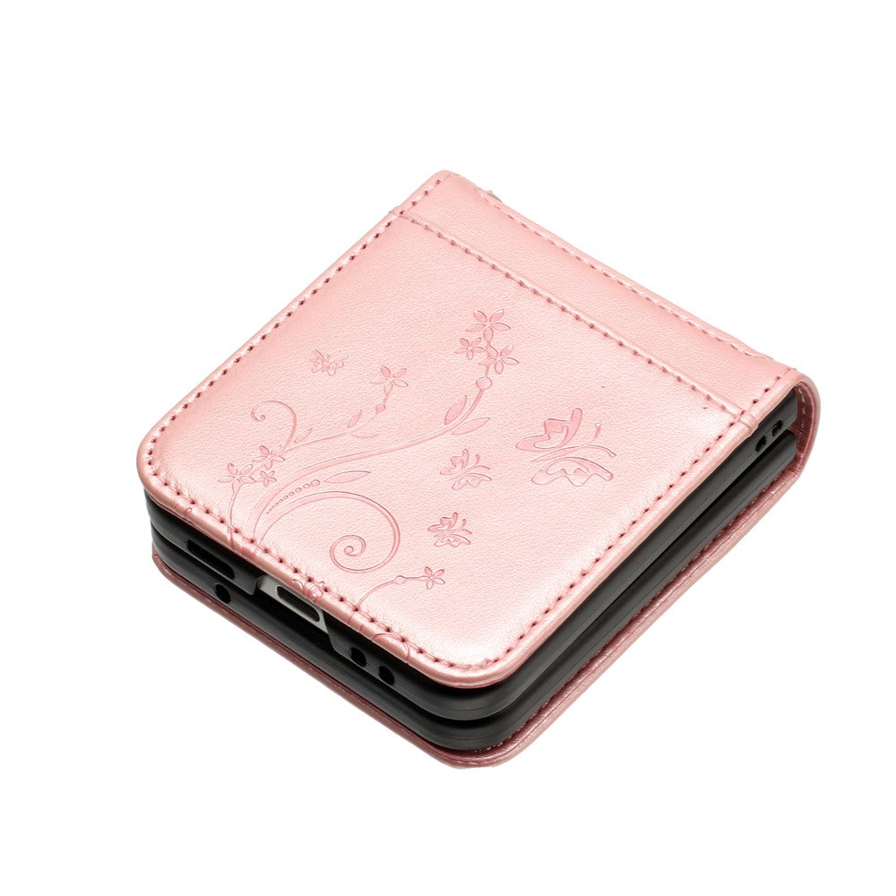 For Samsung Galaxy Z Flip7 5G Case Butterfly Flower Imprinted Leather Phone Cover - Rose Gold