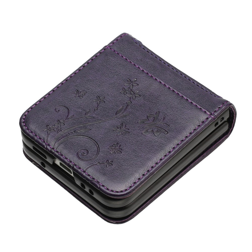 For Samsung Galaxy Z Flip7 5G Case Butterfly Flower Imprinted Leather Phone Cover - Dark Purple