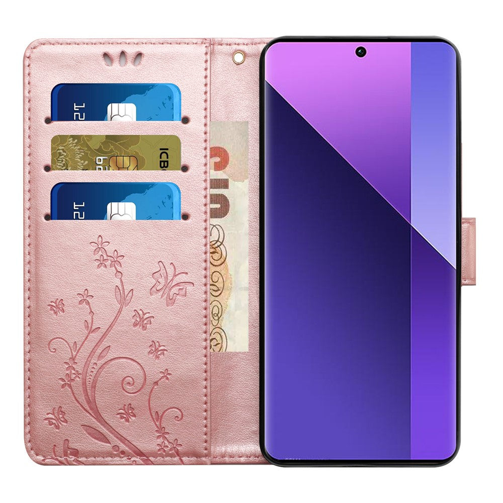 For Oppo Reno13 F 4G / 5G Leather Wallet Case Butterfly Flower Imprinted Phone Cover with Strap - Rose Gold