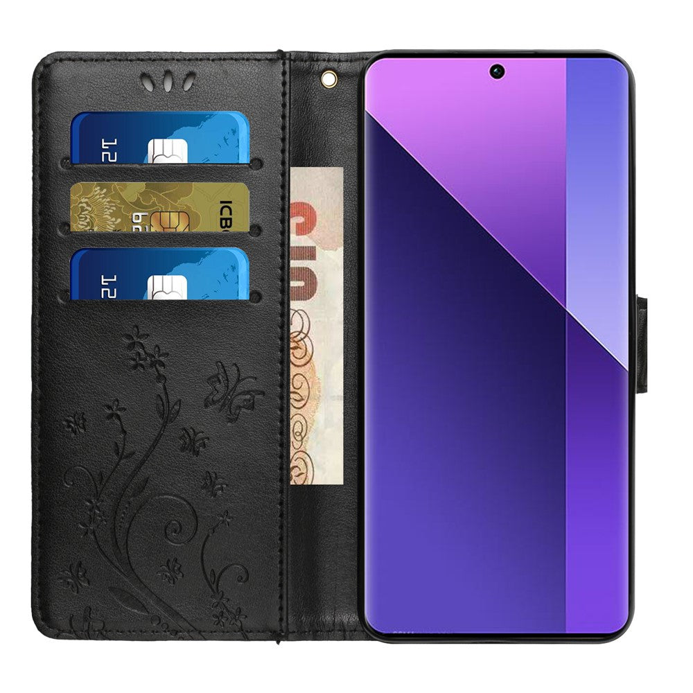 For Oppo Reno13 F 4G / 5G Leather Wallet Case Butterfly Flower Imprinted Phone Cover with Strap - Black
