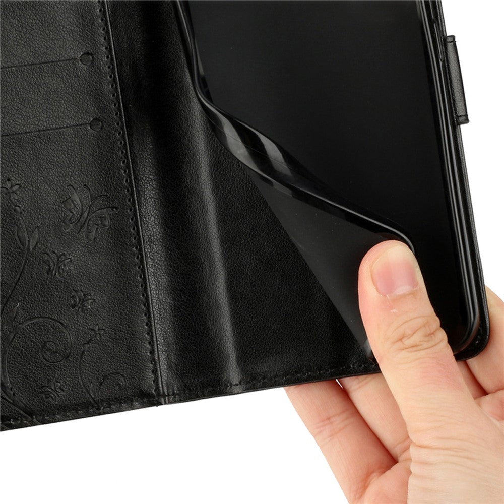 For Oppo Reno13 F 4G / 5G Leather Wallet Case Butterfly Flower Imprinted Phone Cover with Strap - Black