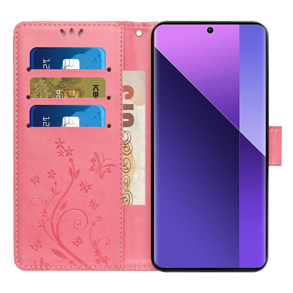 For Oppo Reno13 F 4G / 5G Leather Wallet Case Butterfly Flower Imprinted Phone Cover with Strap - Pink