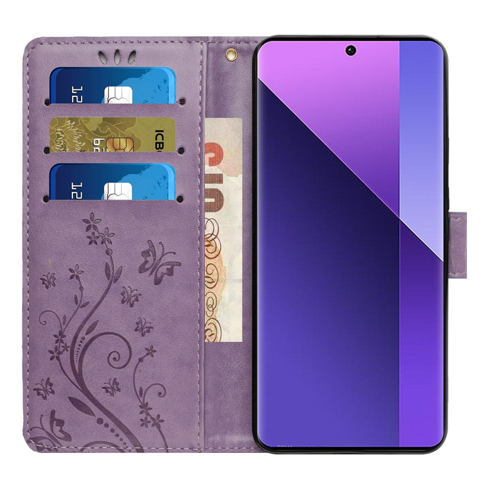 For Oppo Reno13 F 4G / 5G Leather Wallet Case Butterfly Flower Imprinted Phone Cover with Strap - Light Purple