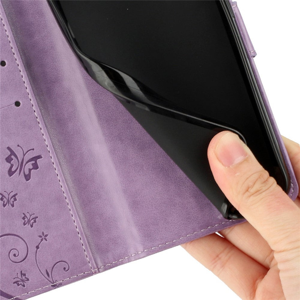 For Oppo Reno13 F 4G / 5G Leather Wallet Case Butterfly Flower Imprinted Phone Cover with Strap - Light Purple