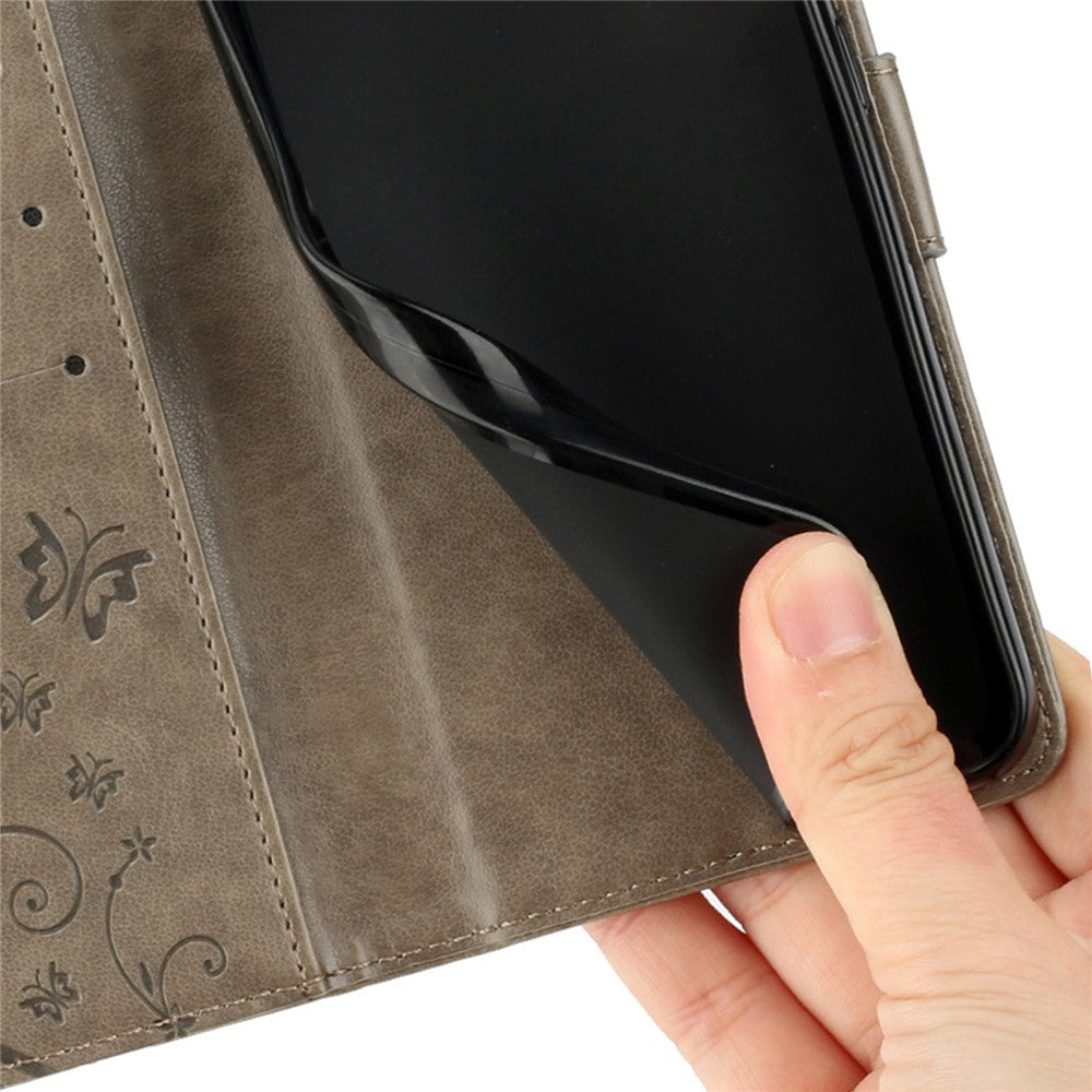 For Oppo Reno13 F 4G / 5G Leather Wallet Case Butterfly Flower Imprinted Phone Cover with Strap - Grey