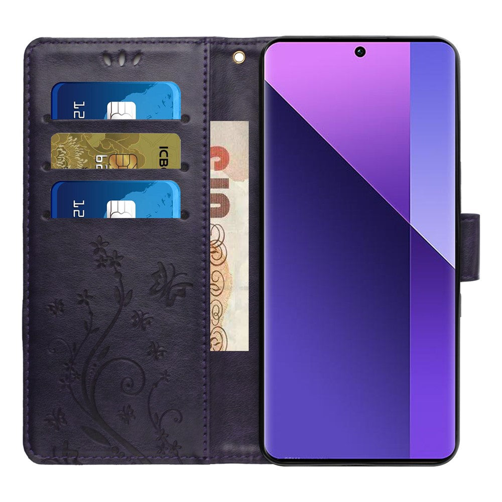 For Oppo Reno13 F 4G / 5G Leather Wallet Case Butterfly Flower Imprinted Phone Cover with Strap - Dark Purple