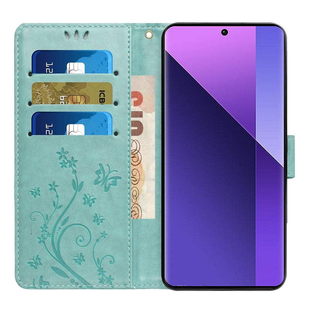 For Oppo Reno13 F 4G / 5G Leather Wallet Case Butterfly Flower Imprinted Phone Cover with Strap - Baby Blue