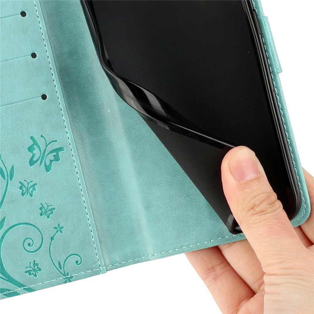 For Oppo Reno13 F 4G / 5G Leather Wallet Case Butterfly Flower Imprinted Phone Cover with Strap - Baby Blue