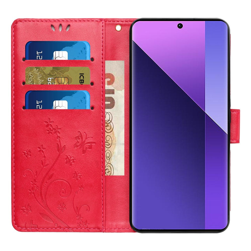 For Oppo Reno13 F 4G / 5G Leather Wallet Case Butterfly Flower Imprinted Phone Cover with Strap - Red