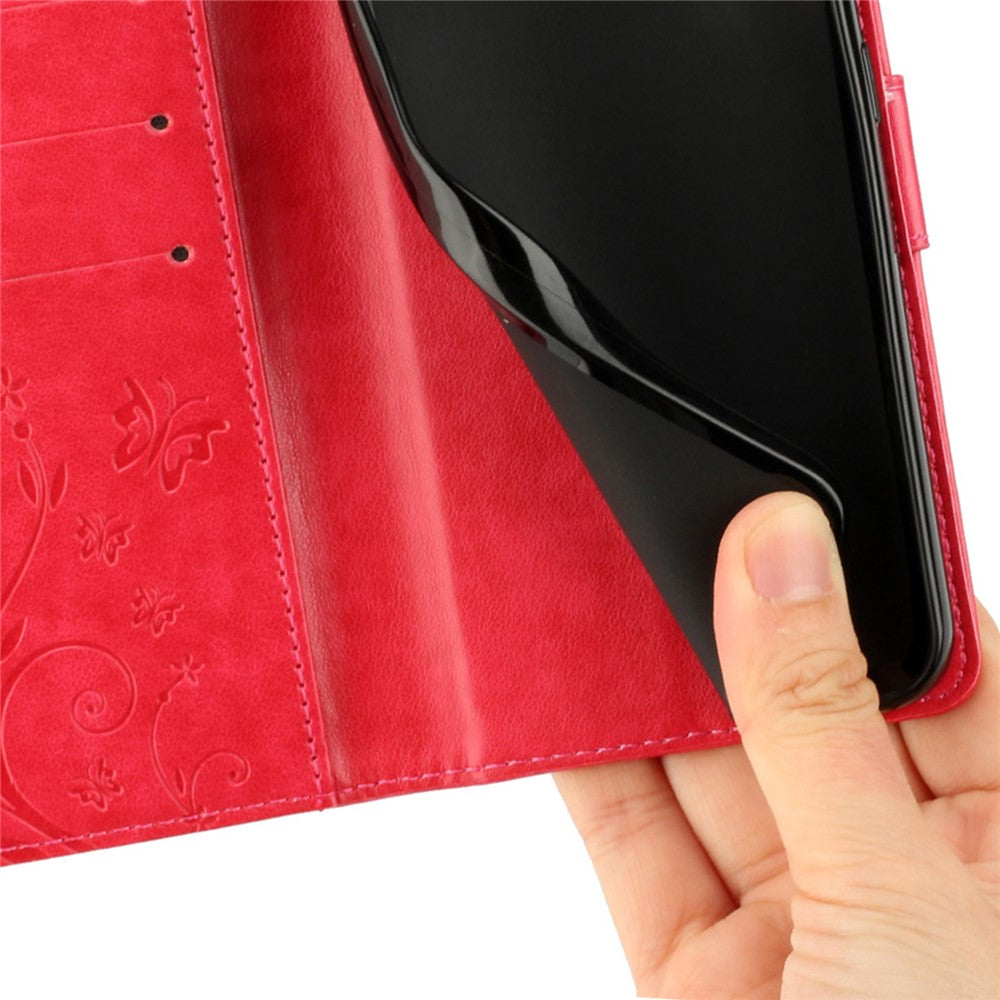 For Oppo Reno13 F 4G / 5G Leather Wallet Case Butterfly Flower Imprinted Phone Cover with Strap - Red