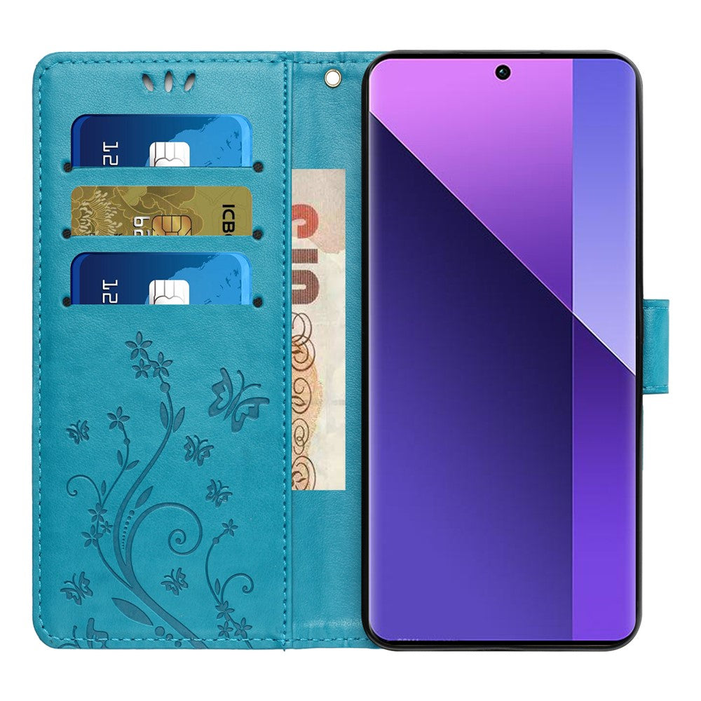 For Oppo Reno13 F 4G / 5G Leather Wallet Case Butterfly Flower Imprinted Phone Cover with Strap - Blue