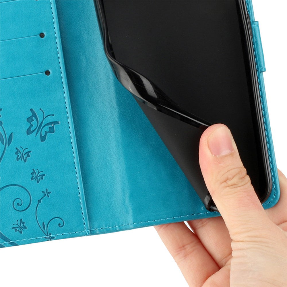 For Oppo Reno13 F 4G / 5G Leather Wallet Case Butterfly Flower Imprinted Phone Cover with Strap - Blue