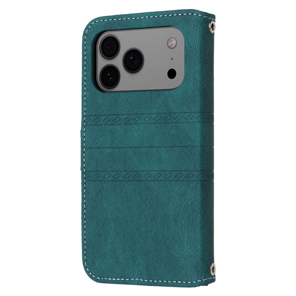 For iPhone 17 Pro Max Case Wallet Skin-Touch Leather Imprinted Phone Cover with Wrist Strap - Blackish Green