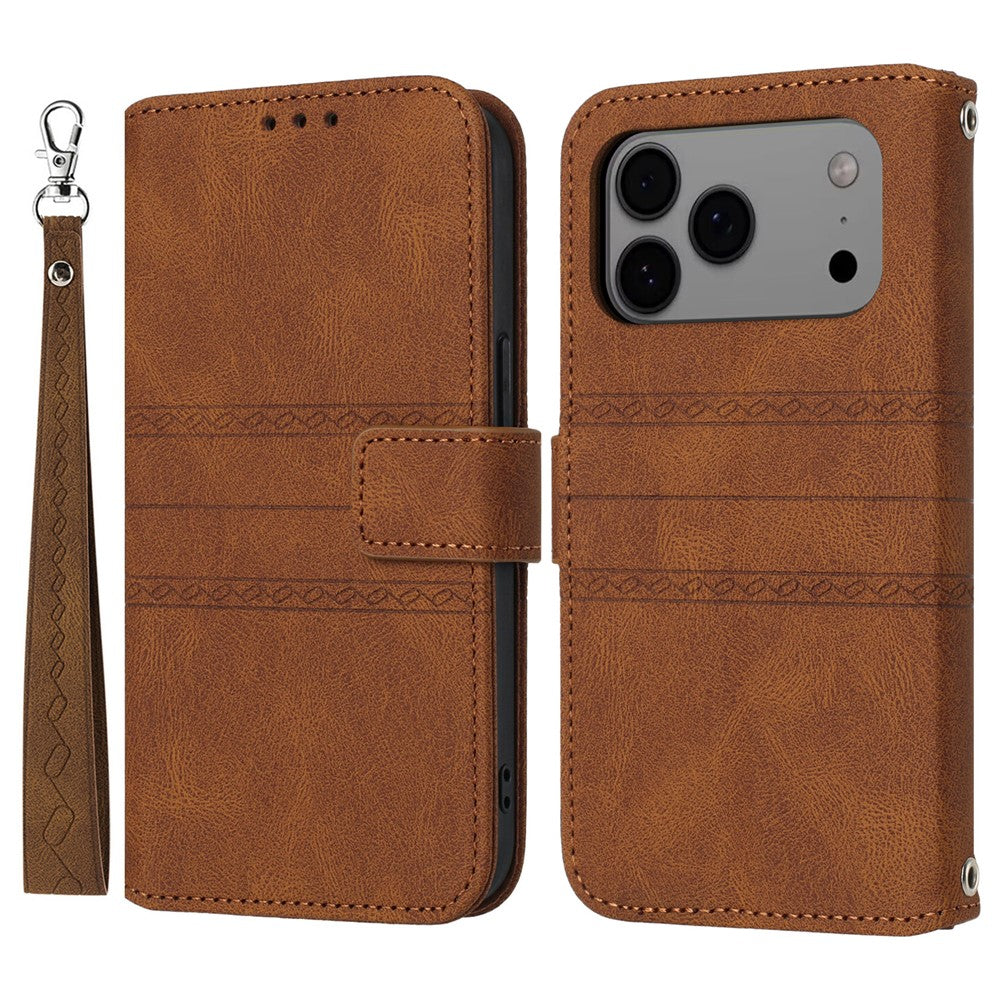 For iPhone 17 Pro Max Case Wallet Skin-Touch Leather Imprinted Phone Cover with Wrist Strap - Brown
