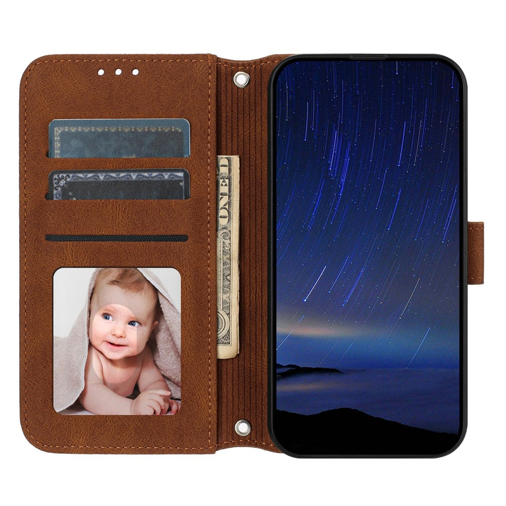 For iPhone 17 Pro Max Case Wallet Skin-Touch Leather Imprinted Phone Cover with Wrist Strap - Brown