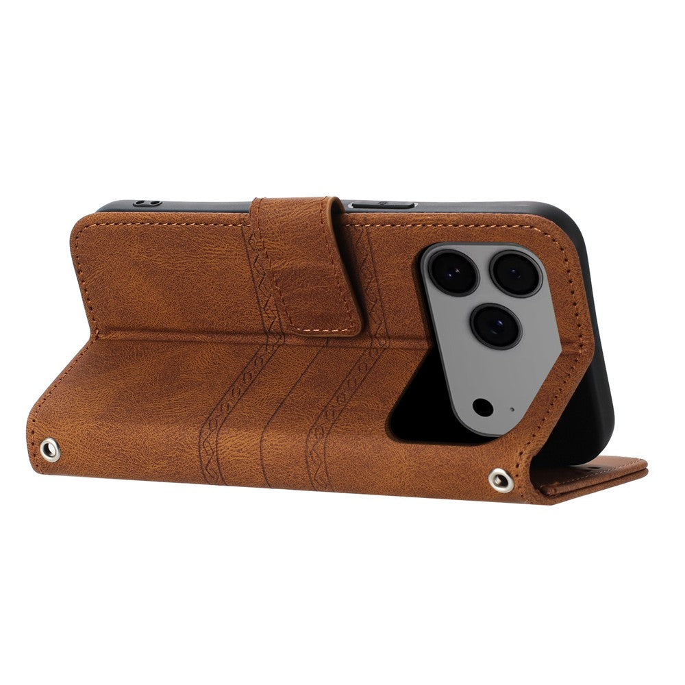 For iPhone 17 Pro Max Case Wallet Skin-Touch Leather Imprinted Phone Cover with Wrist Strap - Brown