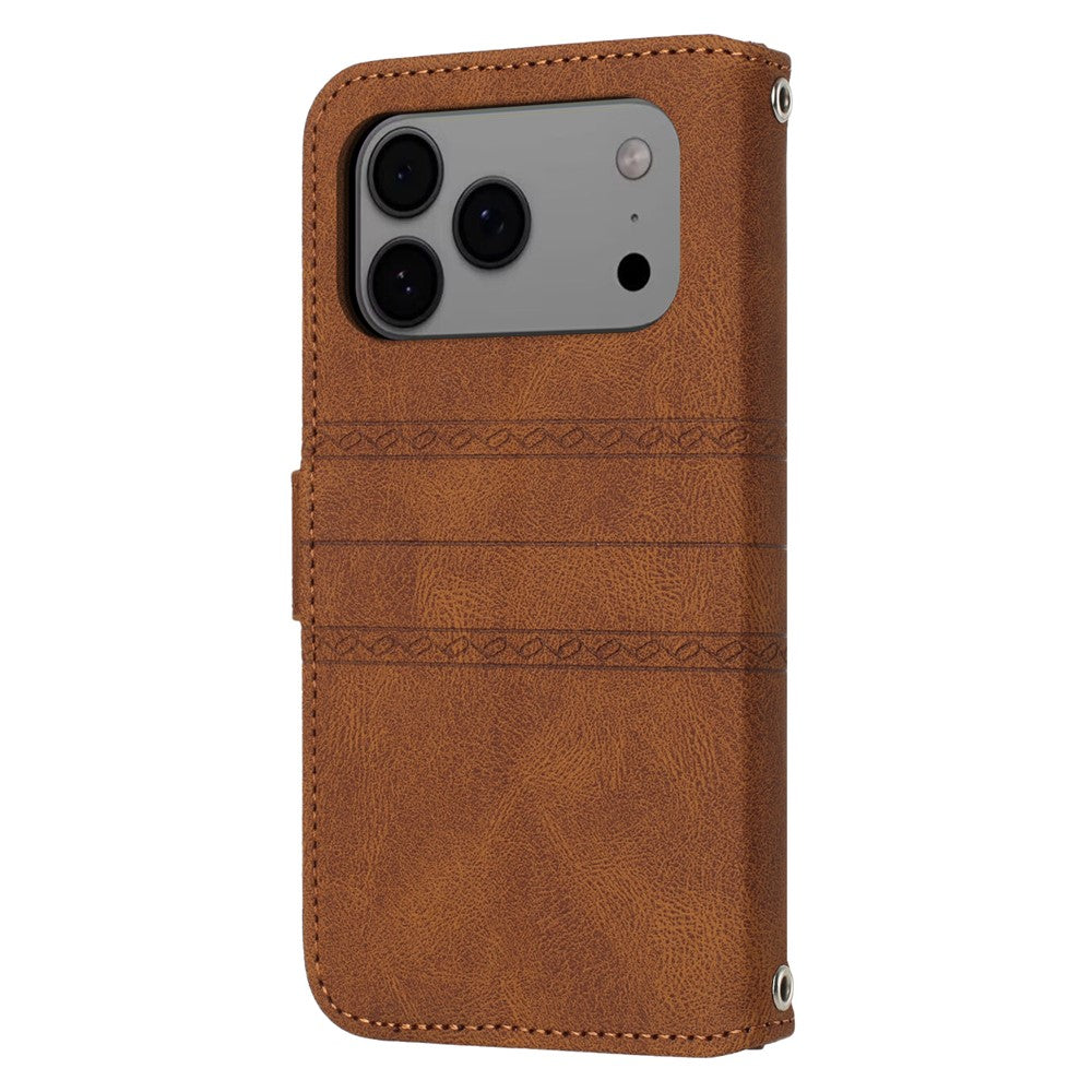 For iPhone 17 Pro Max Case Wallet Skin-Touch Leather Imprinted Phone Cover with Wrist Strap - Brown