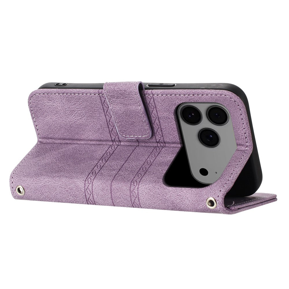 For iPhone 17 Pro Max Case Wallet Skin-Touch Leather Imprinted Phone Cover with Wrist Strap - Purple