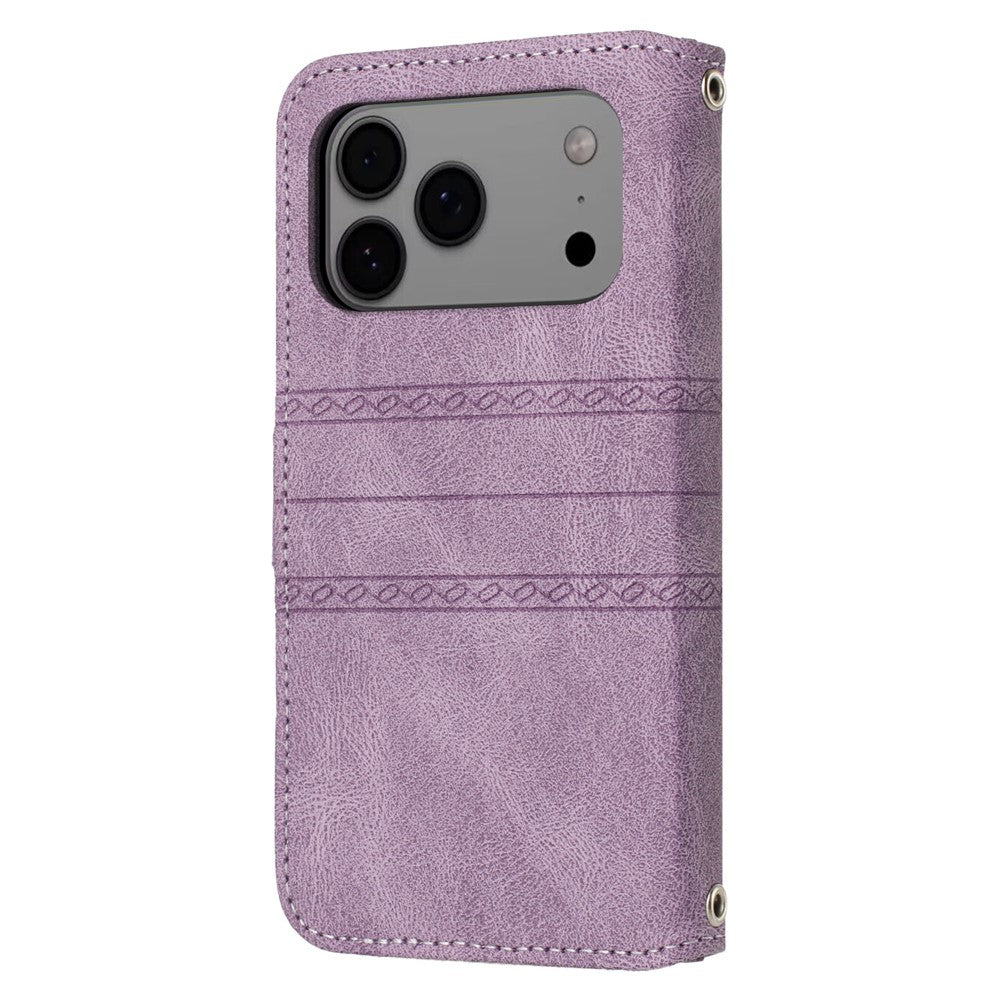 For iPhone 17 Pro Max Case Wallet Skin-Touch Leather Imprinted Phone Cover with Wrist Strap - Purple