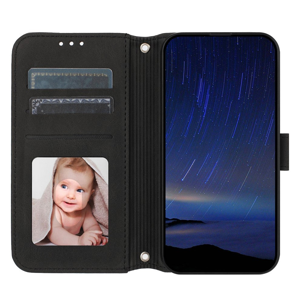 For iPhone 17 Pro Max Case Wallet Skin-Touch Leather Imprinted Phone Cover with Wrist Strap - Black