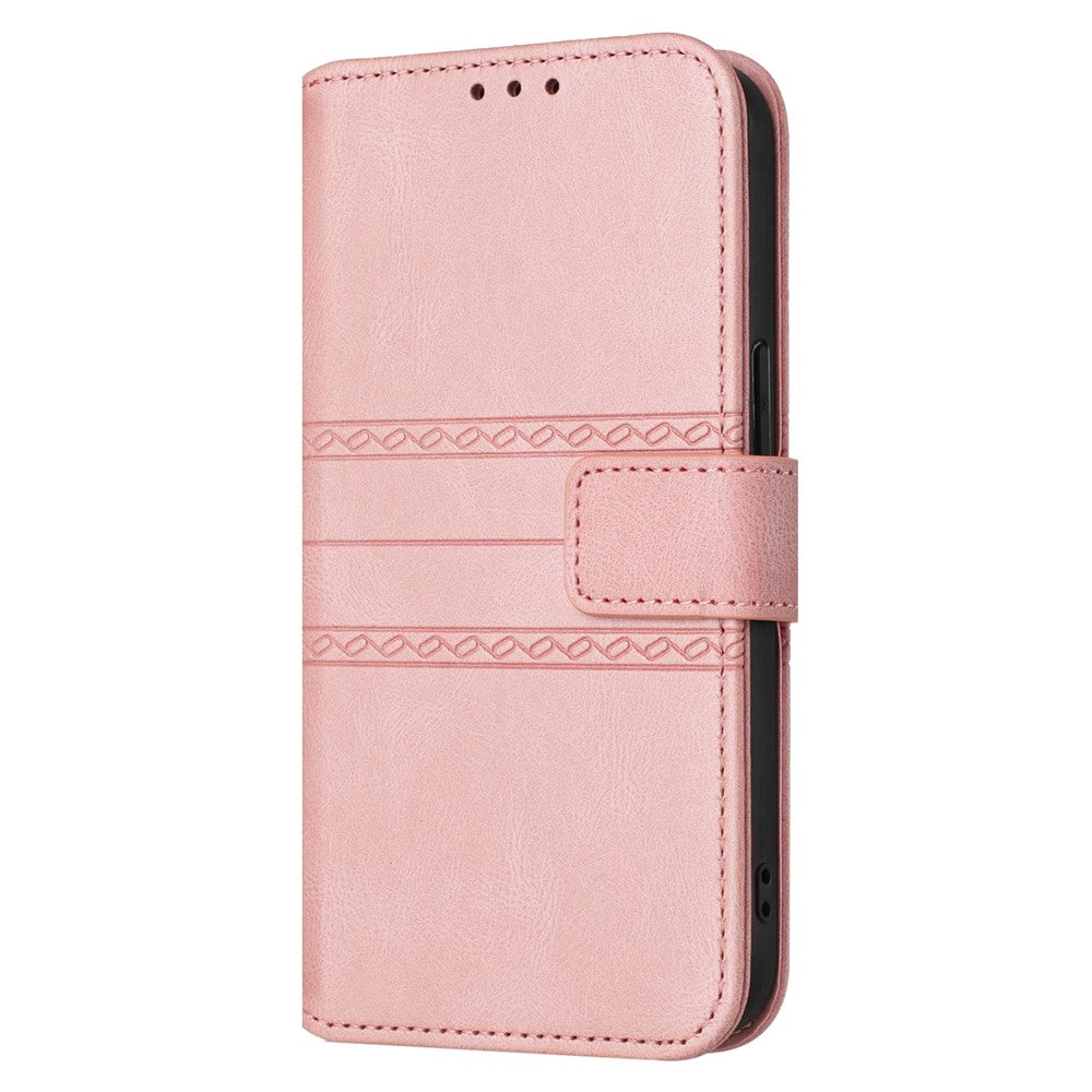For iPhone 17 Pro Max Case Wallet Skin-Touch Leather Imprinted Phone Cover with Wrist Strap - Pink