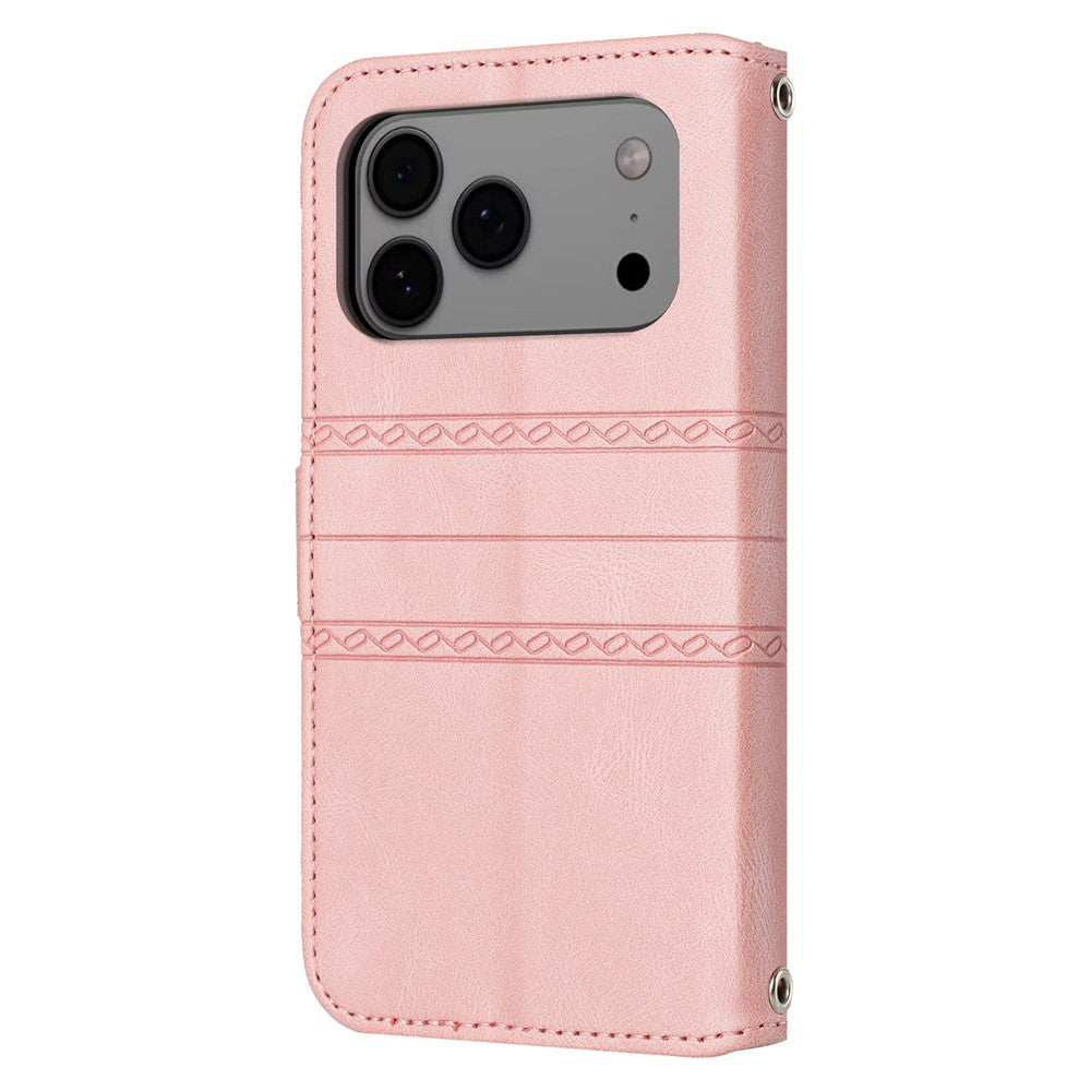 For iPhone 17 Pro Max Case Wallet Skin-Touch Leather Imprinted Phone Cover with Wrist Strap - Pink