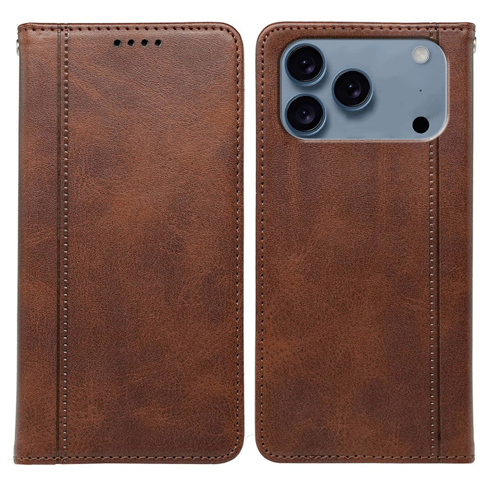 For iPhone 17 Pro Max Case Hidden Magnetic Closure Calf Texture Leather Phone Cover - Brown