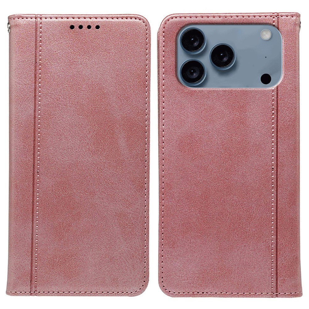 For iPhone 17 Pro Max Case Hidden Magnetic Closure Calf Texture Leather Phone Cover - Rose Gold