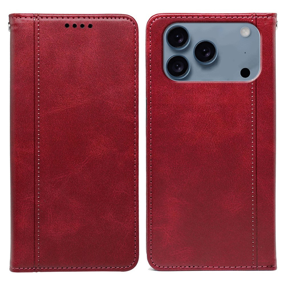 For iPhone 17 Pro Max Case Hidden Magnetic Closure Calf Texture Leather Phone Cover - Red
