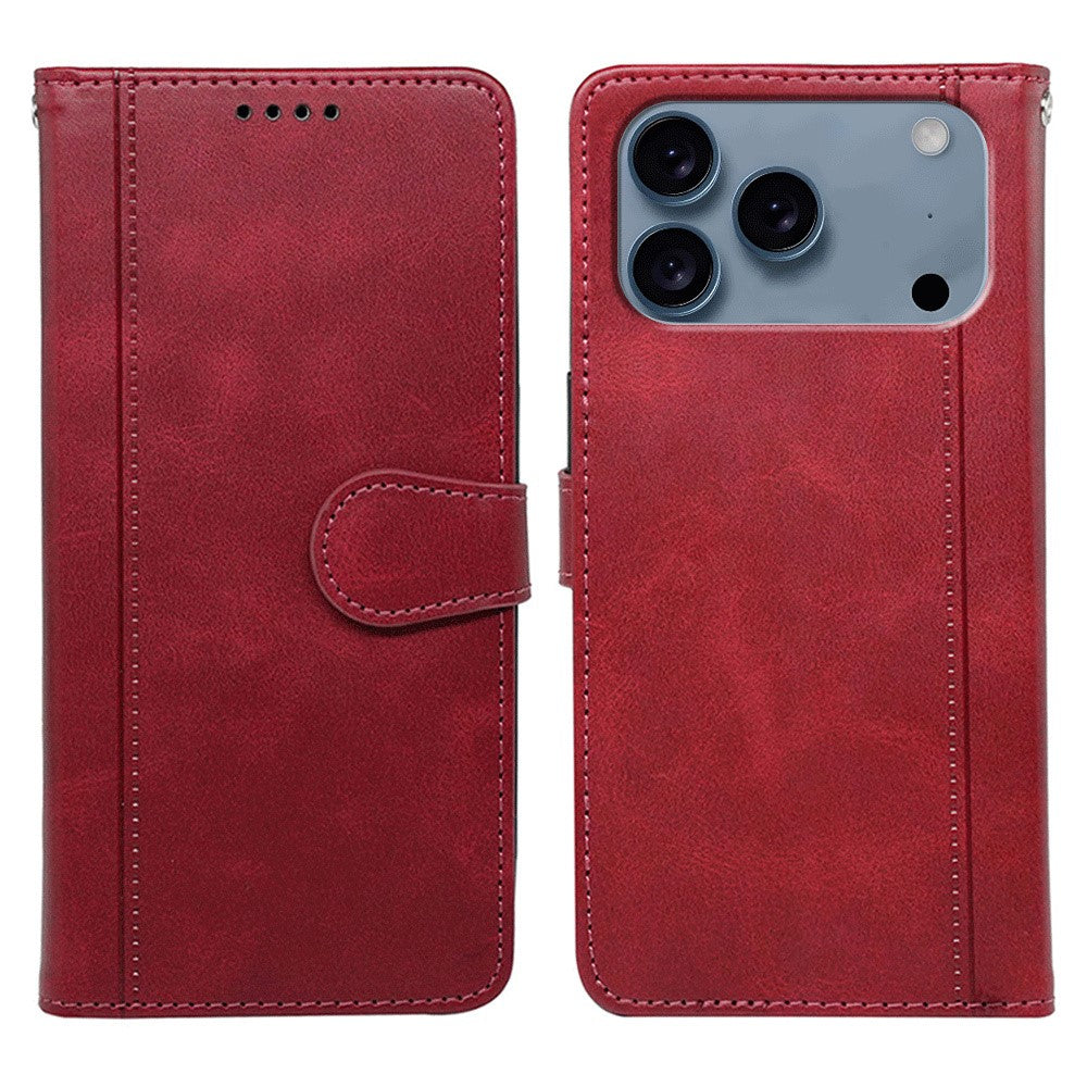For iPhone 17 Pro Max Case Calf Texture Leather Stand Book Style Phone Cover - Red