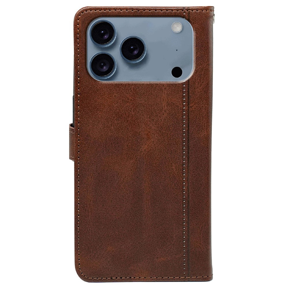 For iPhone 17 Pro Max Case Calf Texture Leather Stand Book Style Phone Cover - Brown