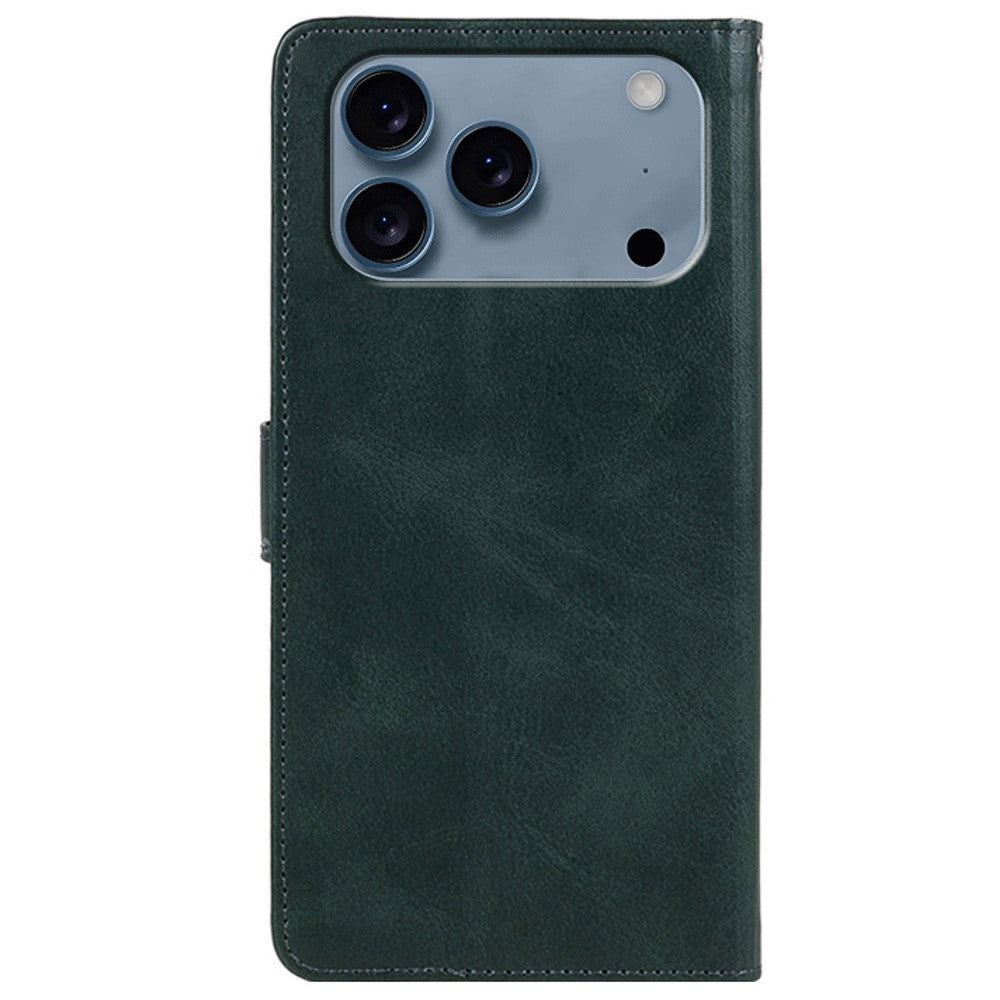 For iPhone 17 Pro Max Case Calf Texture PU Leather Wallet Phone Cover with Wrist Strap - Midnight Green