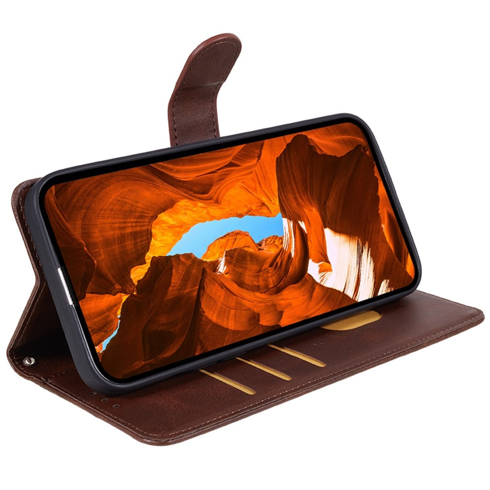 For iPhone 17 Pro Max Case Calf Texture PU Leather Wallet Phone Cover with Wrist Strap - Brown