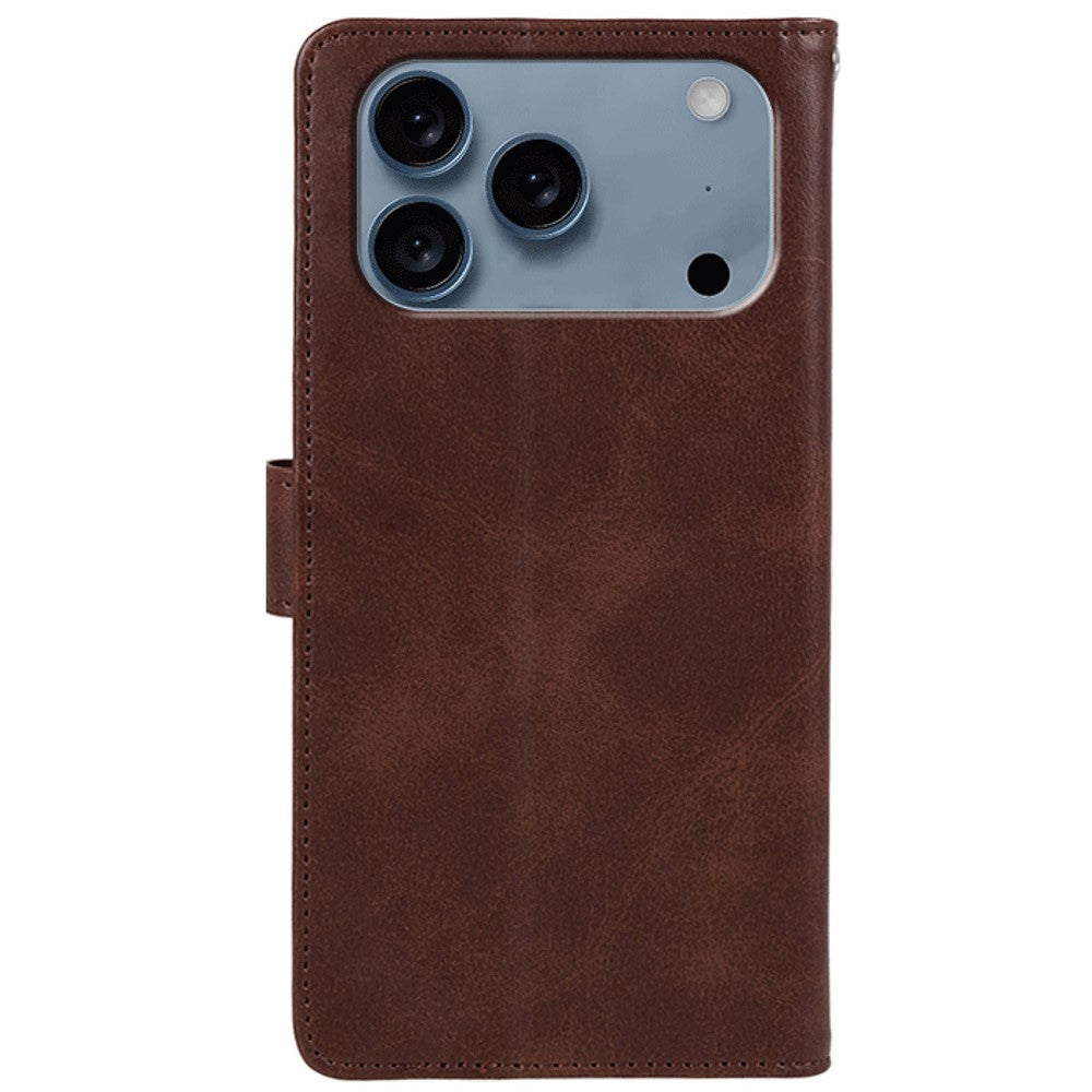 For iPhone 17 Pro Max Case Calf Texture PU Leather Wallet Phone Cover with Wrist Strap - Brown