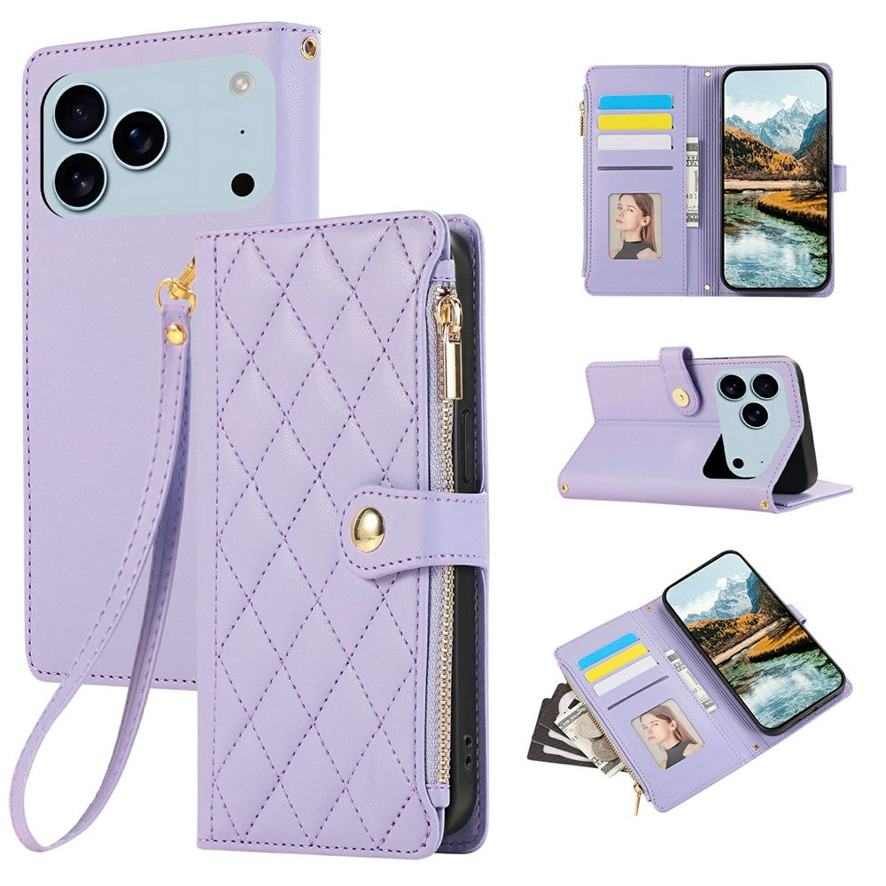 For iPhone 17 Pro Max Case Multi Card Slots Zipper Rhombus Leather Phone Cover with Wrist Strap - Purple