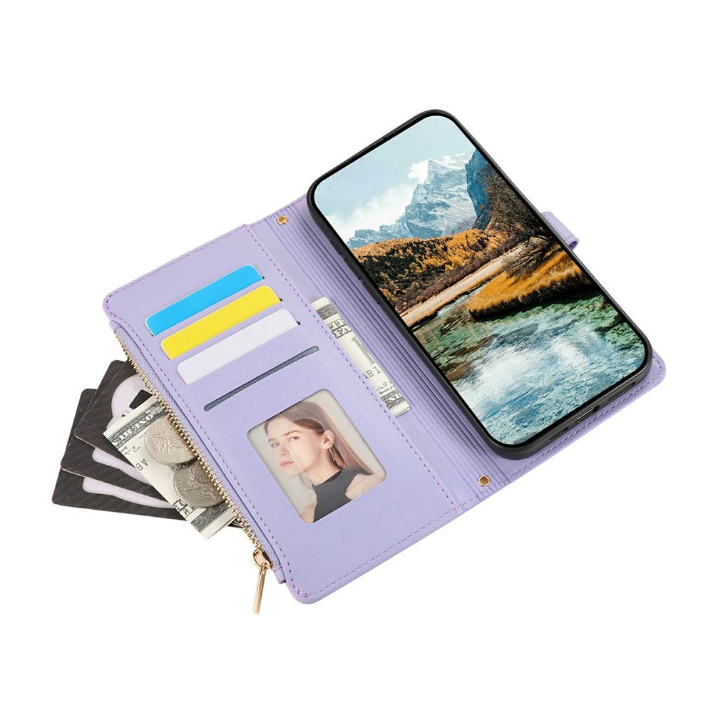 For iPhone 17 Pro Max Case Multi Card Slots Zipper Rhombus Leather Phone Cover with Wrist Strap - Purple