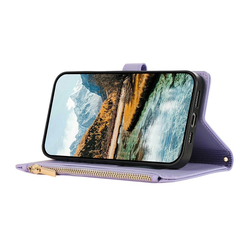 For iPhone 17 Pro Max Case Multi Card Slots Zipper Rhombus Leather Phone Cover with Wrist Strap - Purple