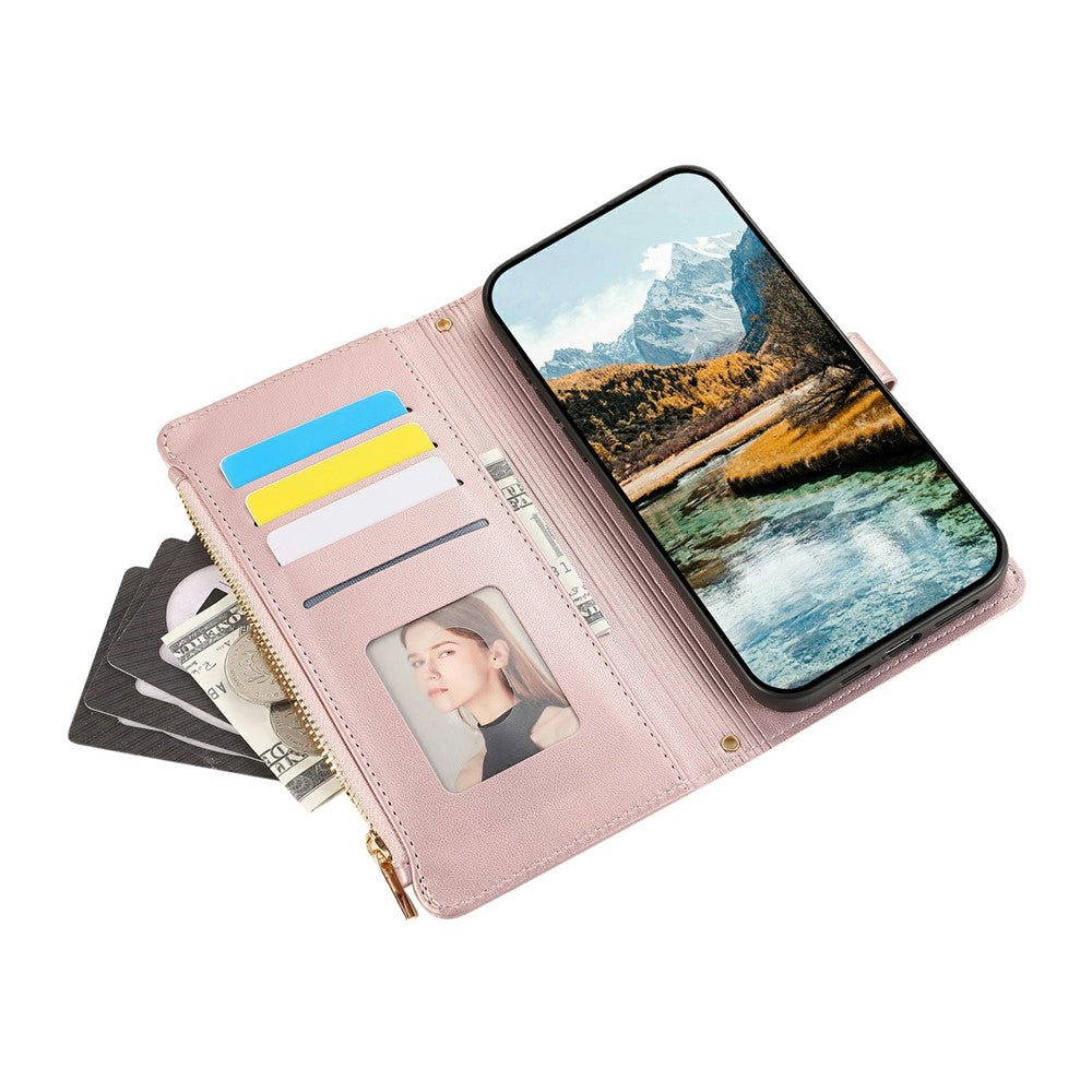 For iPhone 17 Pro Max Case Multi Card Slots Zipper Rhombus Leather Phone Cover with Wrist Strap - Rose Gold