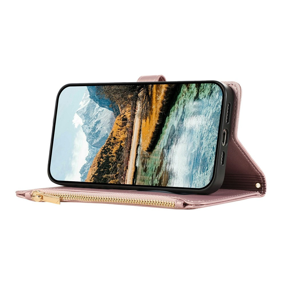 For iPhone 17 Pro Max Case Multi Card Slots Zipper Rhombus Leather Phone Cover with Wrist Strap - Rose Gold