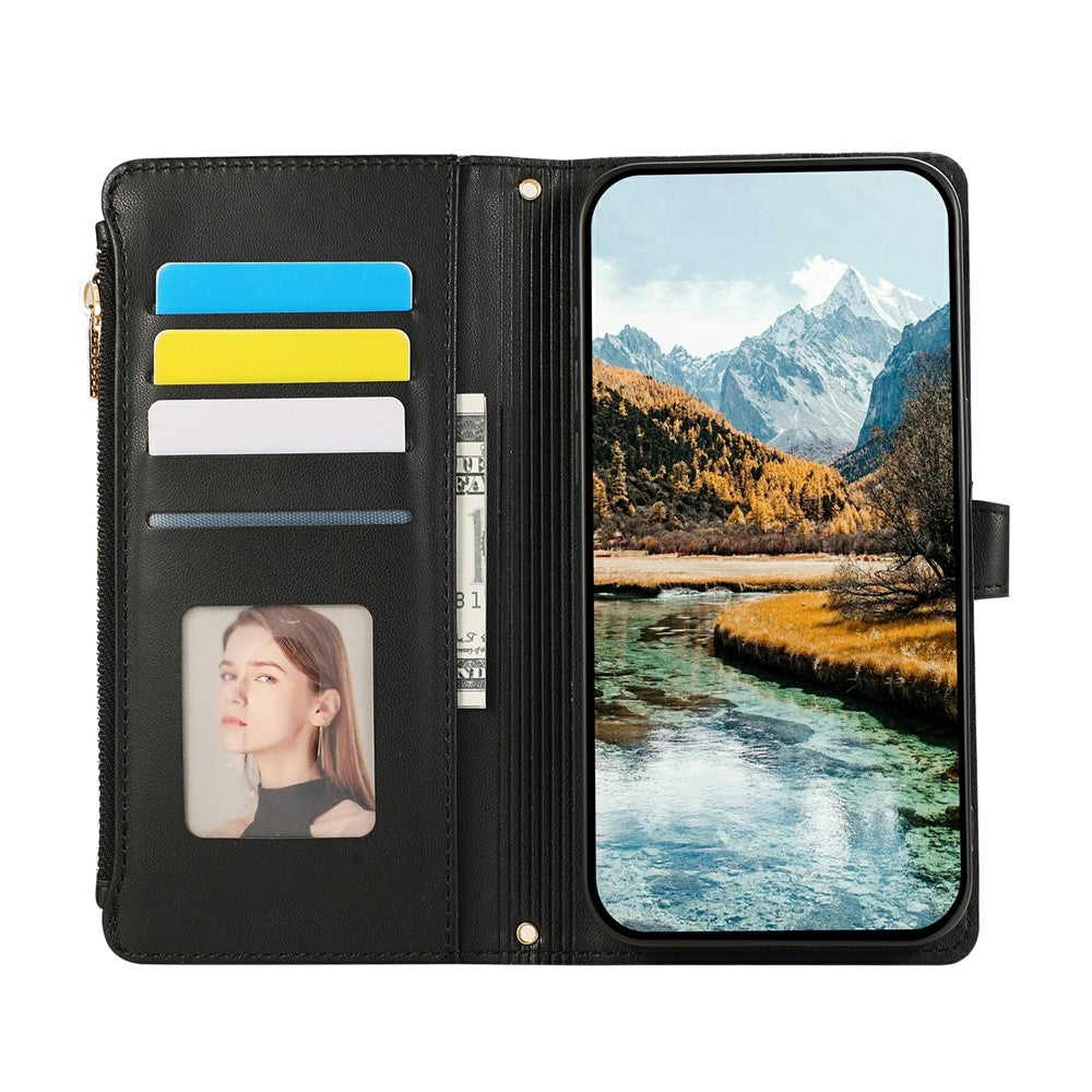 For iPhone 17 Pro Max Case Multi Card Slots Zipper Rhombus Leather Phone Cover with Wrist Strap - Black