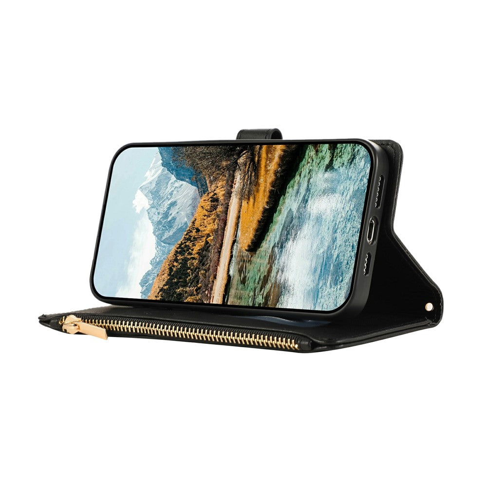 For iPhone 17 Pro Max Case Multi Card Slots Zipper Rhombus Leather Phone Cover with Wrist Strap - Black