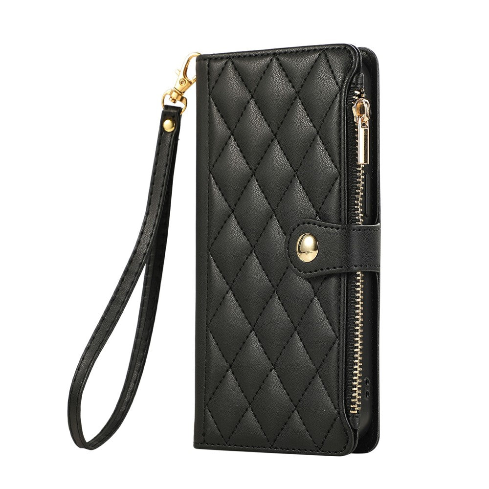 For iPhone 17 Pro Max Case Multi Card Slots Zipper Rhombus Leather Phone Cover with Wrist Strap - Black