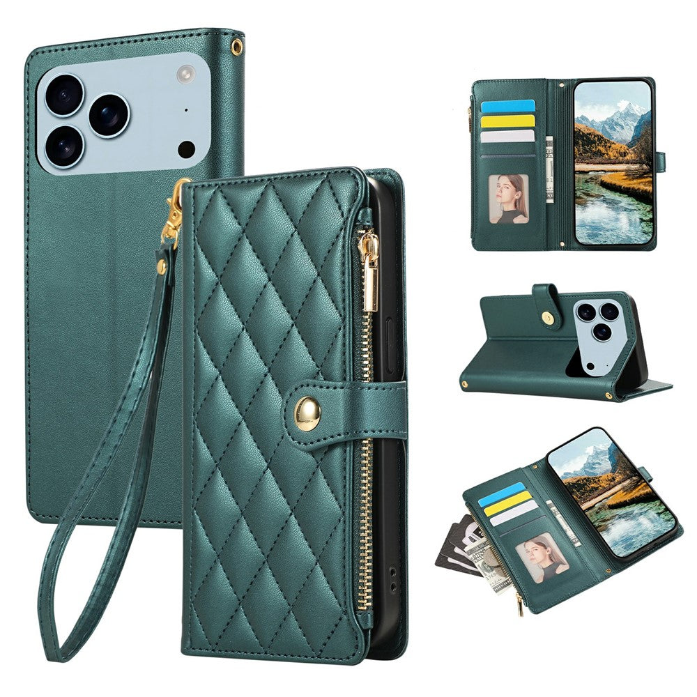 For iPhone 17 Pro Max Case Multi Card Slots Zipper Rhombus Leather Phone Cover with Wrist Strap - Green