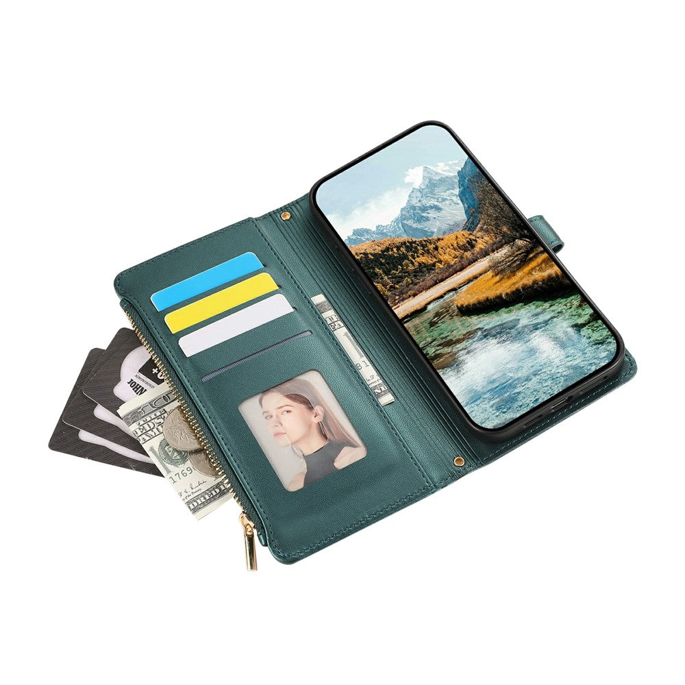 For iPhone 17 Pro Max Case Multi Card Slots Zipper Rhombus Leather Phone Cover with Wrist Strap - Green