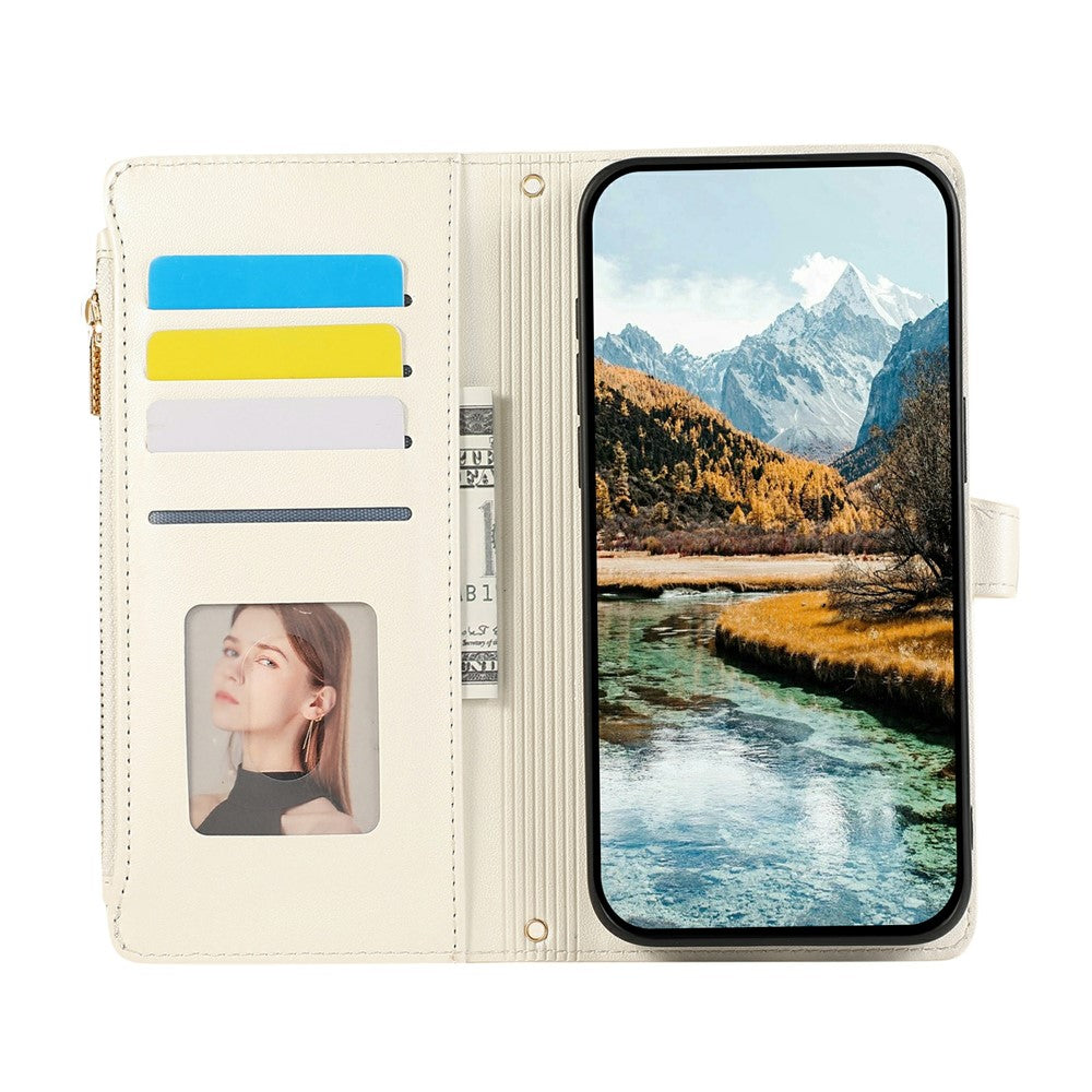 For iPhone 17 Pro Max Case Multi Card Slots Zipper Rhombus Leather Phone Cover with Wrist Strap - Beige